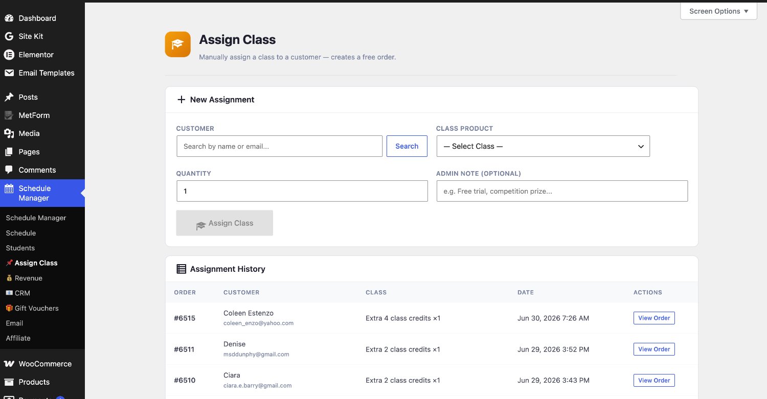 Assign Class: manually assign a class to a customer, creating a free order, with assignment history