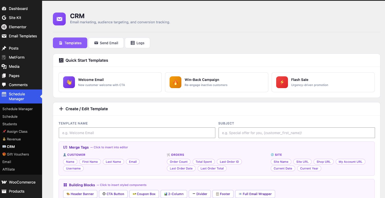 CRM email marketing: quick-start templates, merge tags and drag-in building blocks