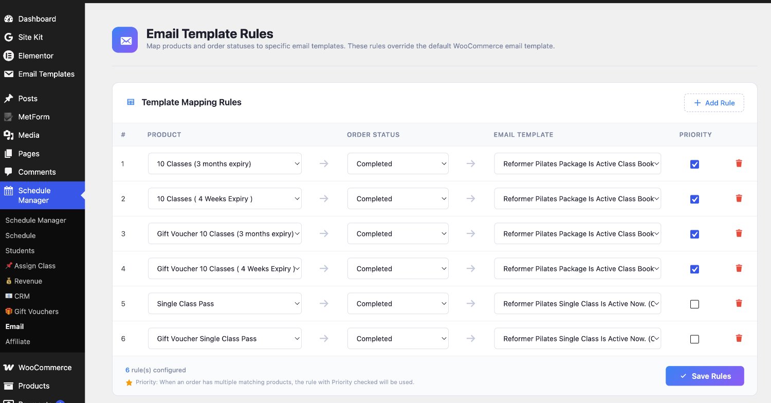 Email template rules mapping products and order statuses to specific templates