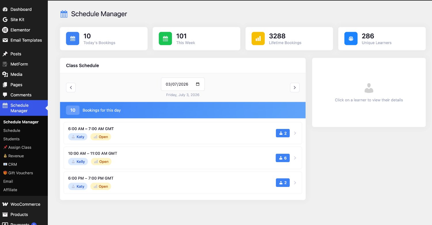 Schedule Manager dashboard: today's bookings, weekly and lifetime totals, and a live class schedule