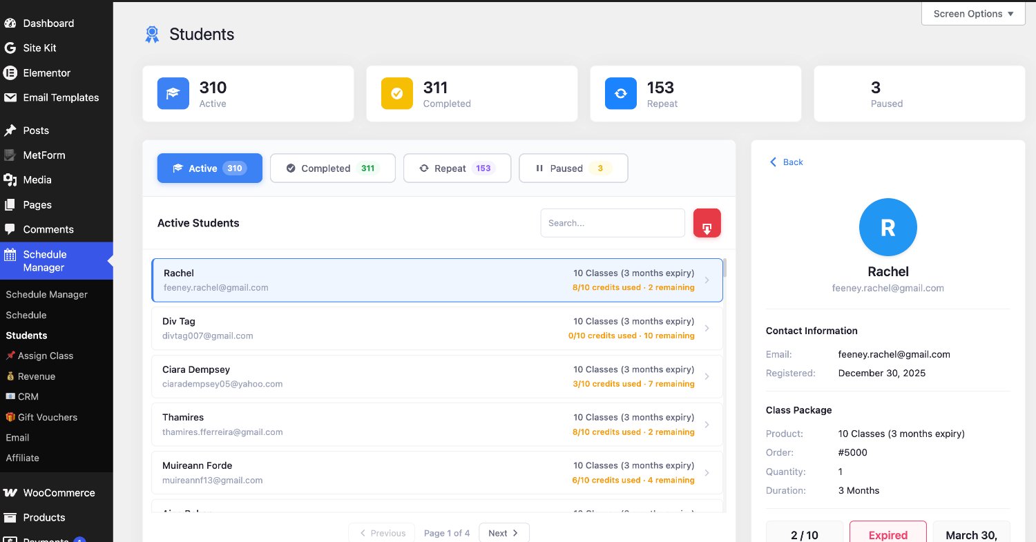 Student CRM: active/completed/repeat/paused segments with credit usage and a profile panel
