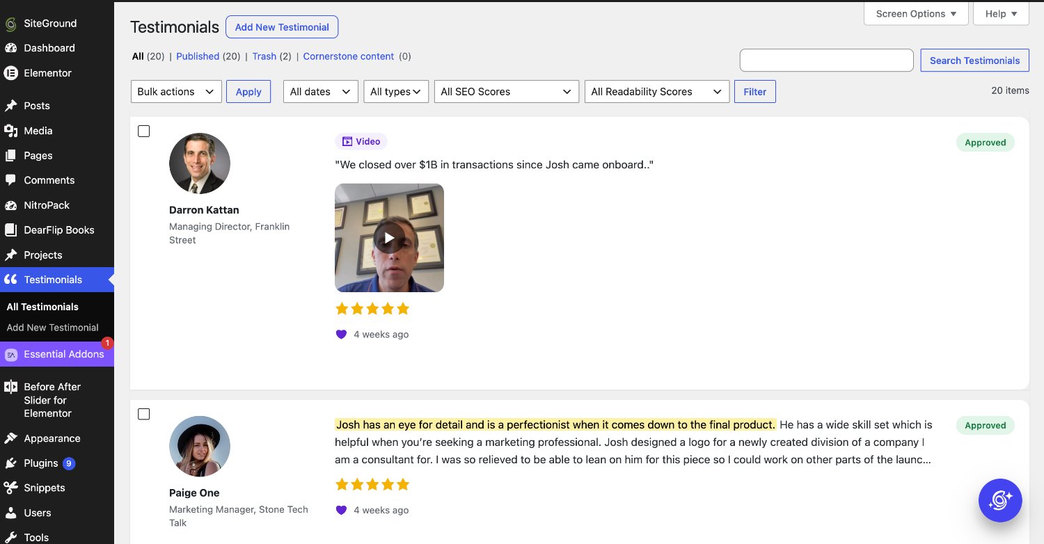 Testimonials admin: a list of text and video testimonials with photos, star ratings and approval status