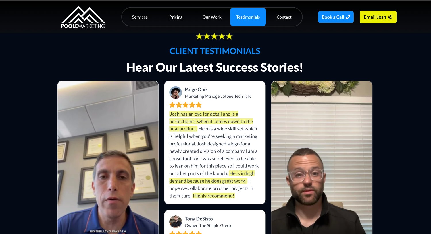 Front-end testimonials section on poole-marketing.com: video testimonials and highlighted text reviews