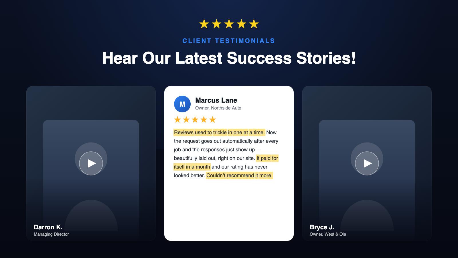 Custom review system — client testimonials
