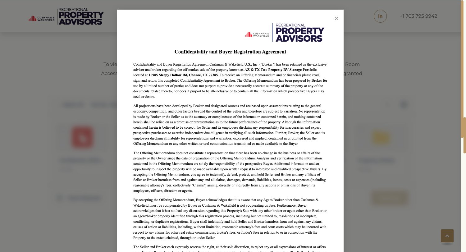 Confidentiality and Buyer Registration Agreement modal with full legal terms for the specific property
