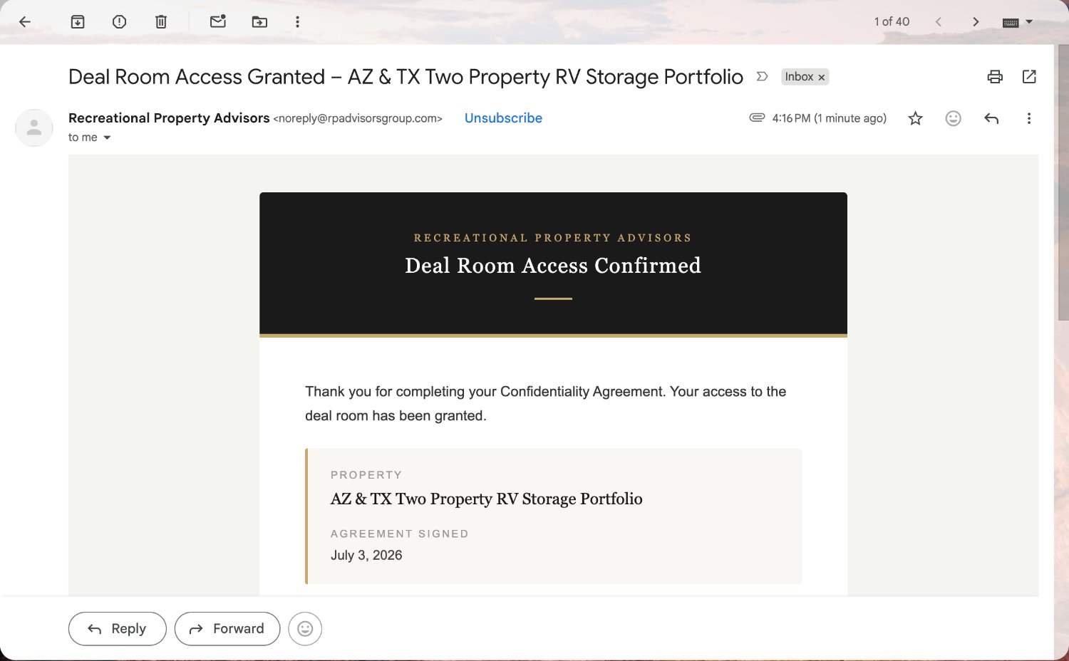 Confirmation email: Deal Room Access Confirmed, with property name and agreement signed date