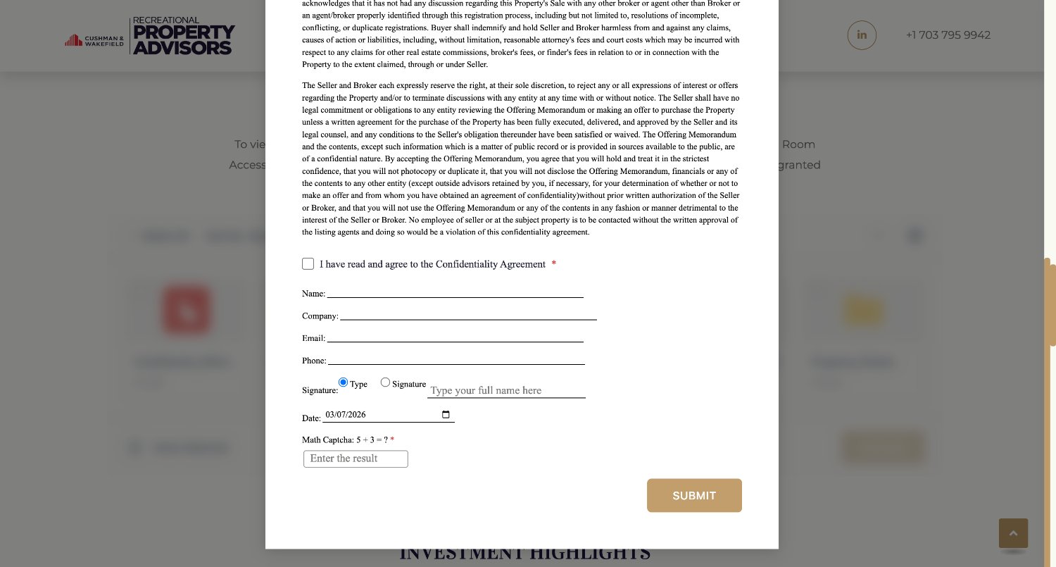 Signature form: agree checkbox, name, company, email, phone, typed or drawn signature, date and math captcha